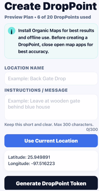Create DropPoint screen