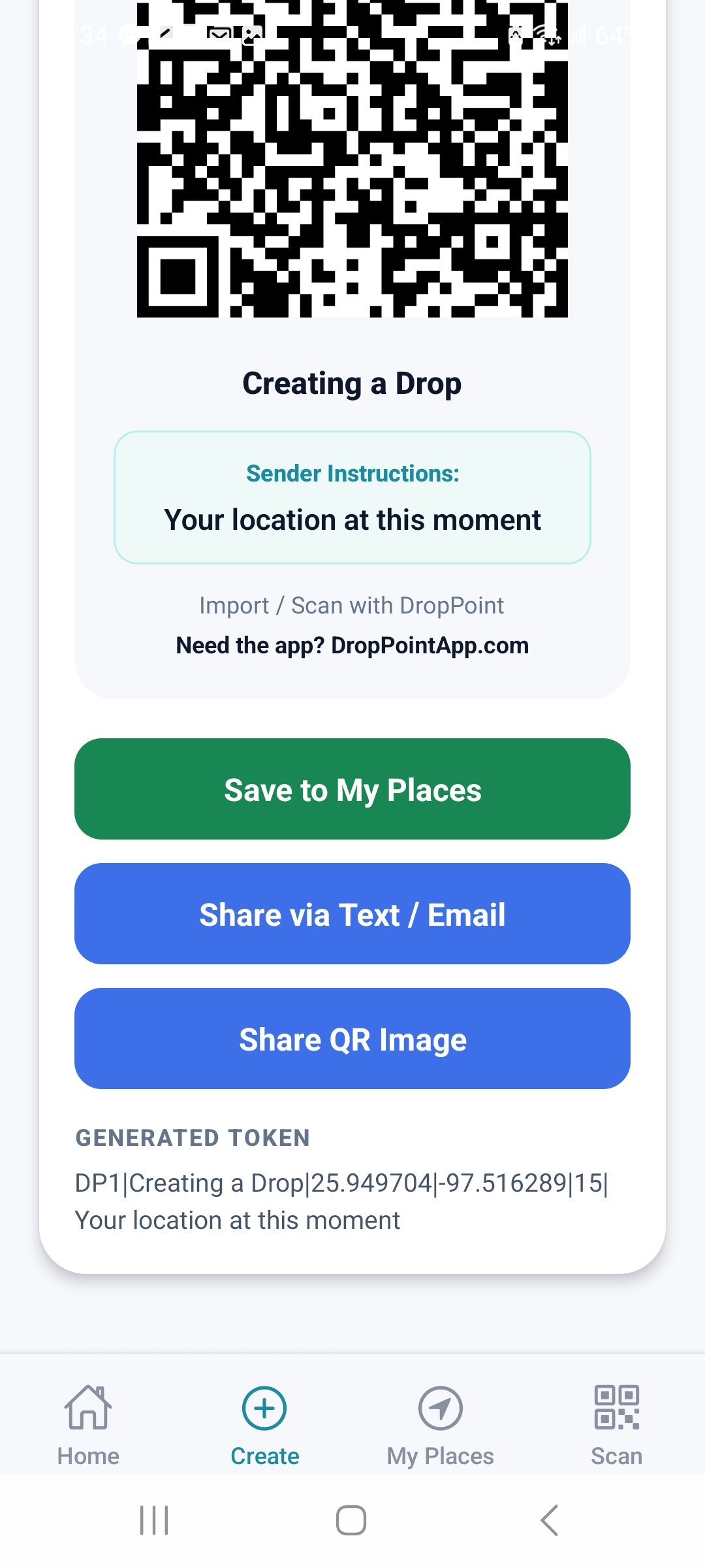 Generate DropPoint token screen